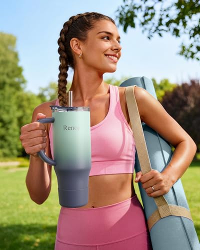 Image of Renoj Insulated Mug 100% Leak Proof Insulated Water Bottle for Iced Coffee & Hot Drinks - Fits Car Cup Holder, Ideal Gift, 2 Straws & Silicone Boot - SnapShift Blue Gradient 32 oz