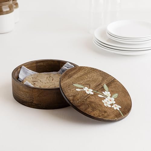 Image of Aurum Crafts Bella Mango Wood Roti Box 8x8 Inch | Handpainted Wooden Chapati Box with Floral Lid | Kitchen Casserole for Roti, Bread Storage & Serving
