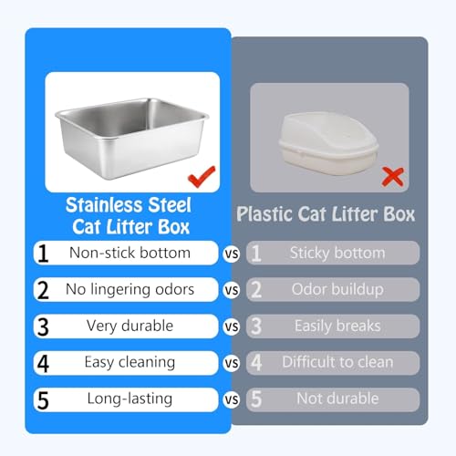 Kattenbak kattenbak, roestvrijstalen kattenbak, grote kattenbak, 49,5 cm L x 34,3 cm B x 15,2 cm H, absorbeert nooit geuren, roestvrij, plakt niet glad oppervlak - Afbeelding 4