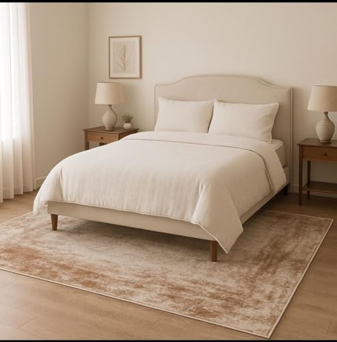 Image of 3x5 Feet (90x150 CM) Carpet for Bedroom Living Room & Hall - Ivory Cream Modern Abstract Geometric Silk-Touch Luxury Hotel-Style Washable Anti-Skid Turkish Area Rug
