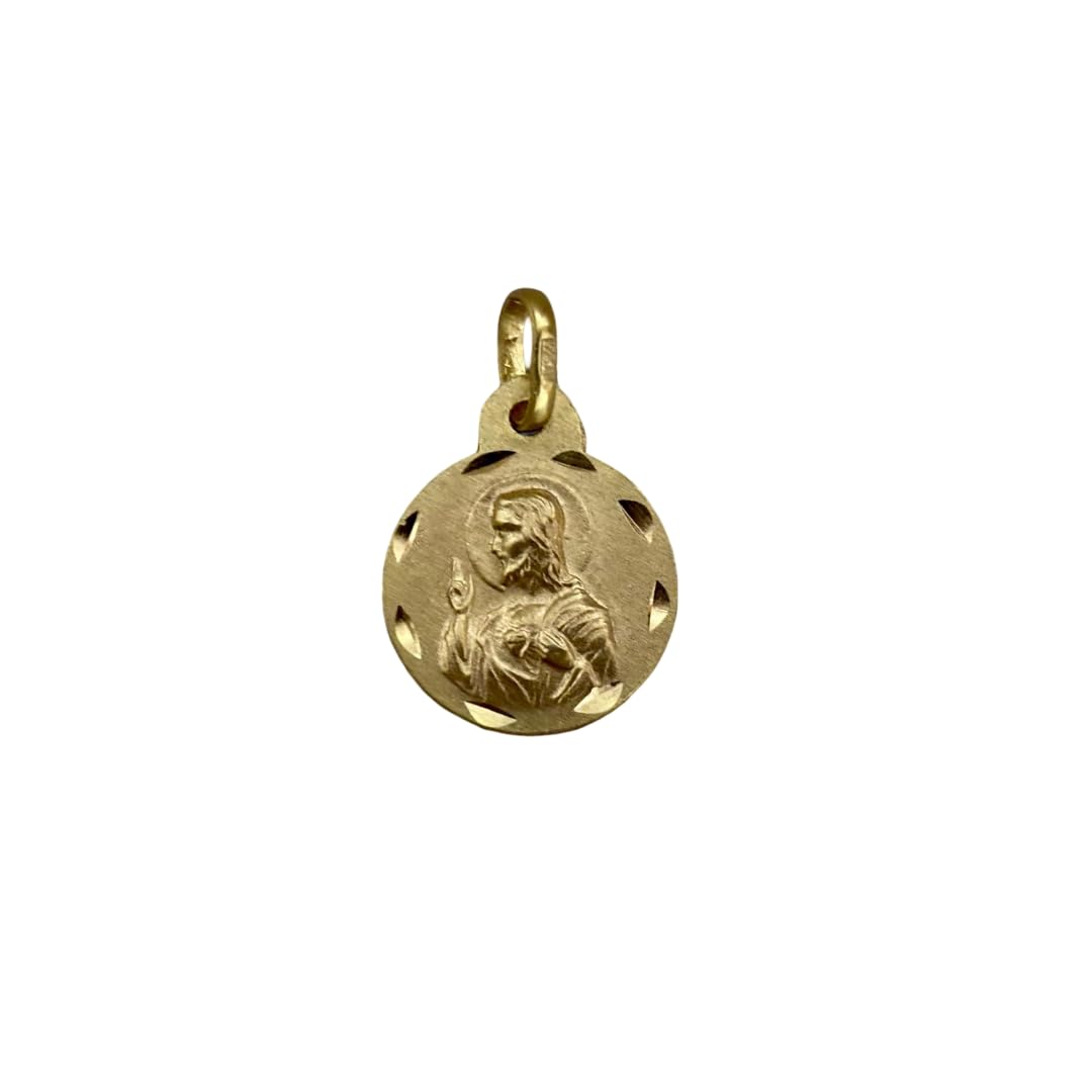 Medalla Escapulario de Plata 925 Chapada en Oro, Virgen del Carmen y Sagrado Corazón de Jesús, 14mm, Doble Cara con Borde Tallado