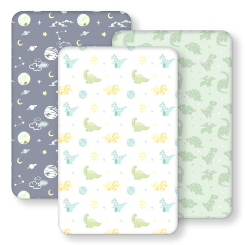 Image of Baby Bedside Bassinet Sheets Fitted, 33 inchx20 inch Compatible with Baby Delight Dream On Me & Most Rectangle Bedside Sleeper Bassinet Mattresses, Super Soft Microfiber Green Dinosaur Planet