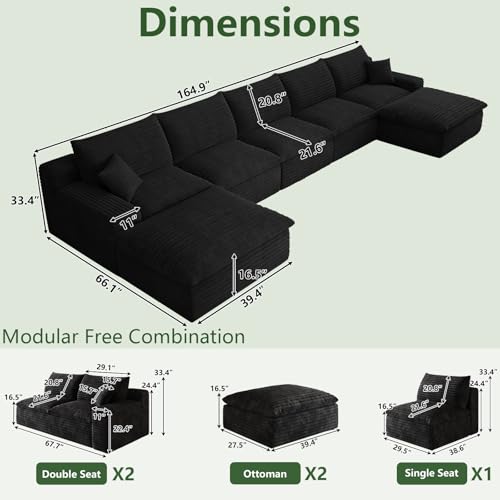 Image of 165 inch Cloud Couch Modular Sectional Sofa for Living Room, U-Shape Boneless Couch with Deep Seat, Modern Corduroy 5-Seater with Ottomans, No Assembly Required, Black