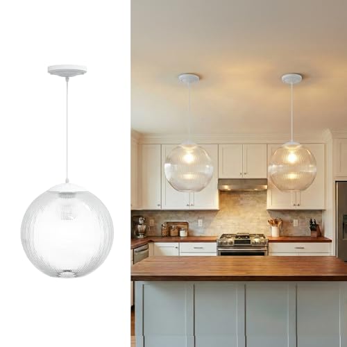 Image of KASTLITE 12 inch Acrylic Globe Pendant Light Fixture, 8W 3000K Filament LED Bulb, Ceiling Mount - Kitchen Pendant Lighting Over Island, Hanging Dining Light, Living Room Lamp - Prismatic, White Base