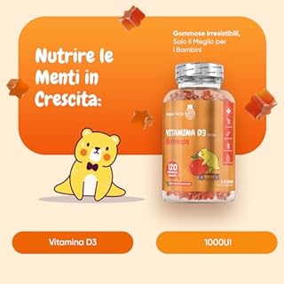 Vitamina D Bambini, Senza Glutine né Lattosio, 120 Gommose di Vitamina D3 (4 Mesi di Fornitura) Gommose al Gusto Arancia da 1000UI Ciascuna, 1 Sola Gommosa al Giorno, Adatto ad Età 3-12 Anni, Vit D3