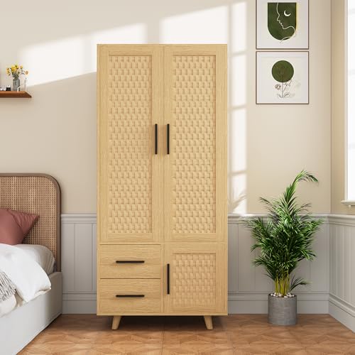 Henunem Armoire Cannage en Bois, Armoires de Chambre en Rotin avec 2 Portes et 2 Tiroirs et 1 Tringle à Vêtements, Armoire de Rangement Chambre, 80x52x176cm...