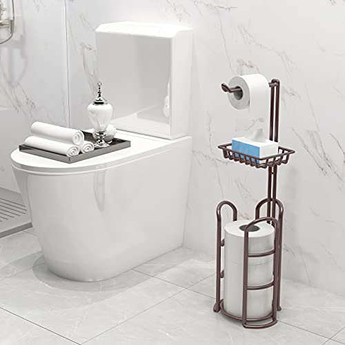 Toilet Paper Holder Stand With Reserve And Dispenser For 4 Mega Roll, Bathroom Freestanding Toilet Tissue Storage With Shelf For Wipes And Phone, Bronze #TOP4