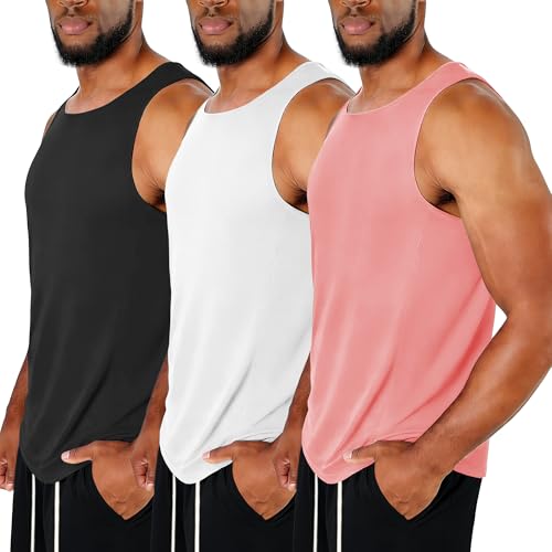 3 Pack Men's Workout Tank Tops UPF 50+ Sleeveless Shirt Sun Protection Fast Dry Lightweight Gym Fitness Muscle Shirts Pink/White/Black XX-Large