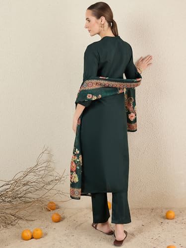 Image of INDO ERA Women's Straight Cotton Blend Ethnic Motifs Embroidered Kurta Pant With Dupatta Set