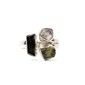 Moldavite, Black Tourmaline, Herkimer Diamond Ring With Certified Czech Republic Natural Gemstone 925 Solid Sterling Silver Handmade Jewelry (11.5)