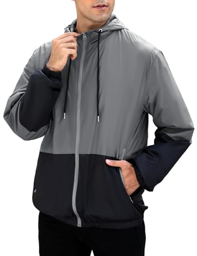 Yimoon Windbreaker Jackets for Men Lightweight Hooded Outdoor Jacket Oversized Zip Up Patchcolor Raincoat Jacket