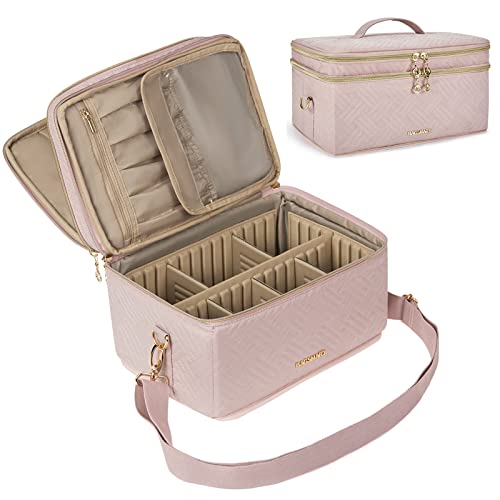 Large Makeup Bag, BAGSMART Double Layer Cosmetic Makeup Organizer Travel Makeup Train Case with Shoulder Strap for Cosmetics Makeup Brushes Toiletries Travel Accessories (Pink Medium)