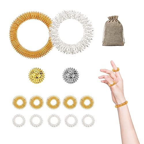 Lot de 10 anneaux de massage des doigts, 2 anneaux d'acupression au poignet, 2 balles d'acupression magnétiques, ensemble d'anneaux d'acupression sensoriels pour les adolescents et les adultes Cover