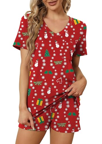 Image of RUBZOOF Women's Short Sleeve Pajama Sets with Pockets Casual V Neck 2 Piece Lounge Sets S-3XL