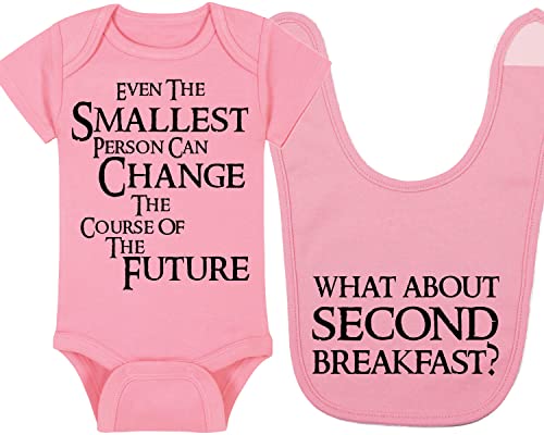 Image of LOTR Baby Onesie and Bib - Even The Smallest Person Can Change The Course Of The Furture - What About Second Breakfast (3-6 Month - Pink Fabric - Black Design)