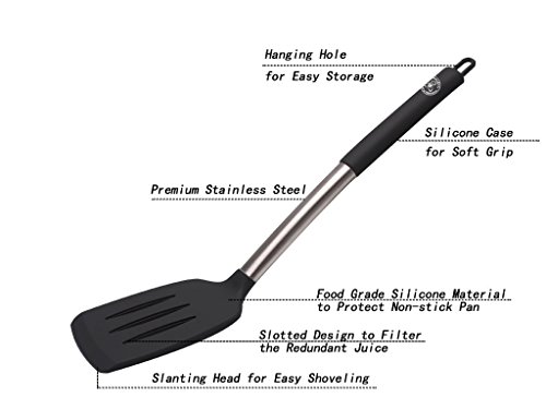 Starchef Silicone Slotted Turner Spatula Heat Resistant Non-Stick Soft Grip, Stainless Steel(Black) - Image 4