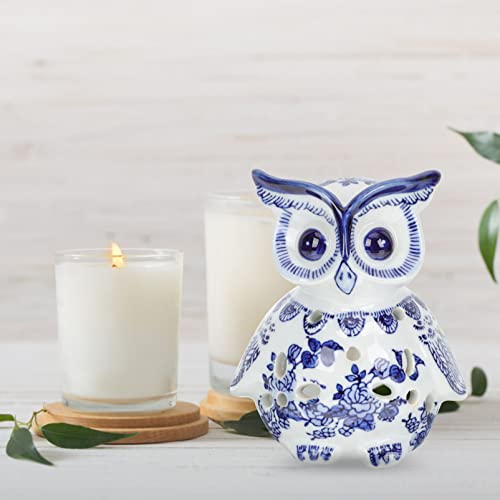Veemoon Owl Tea Light Candle Holder Blue And White Porcelain Owl Figurine Votive Candle Holders Animals Collectible Figurine Paperweight Table Centerpiece Ornament For Office Home #TOP5