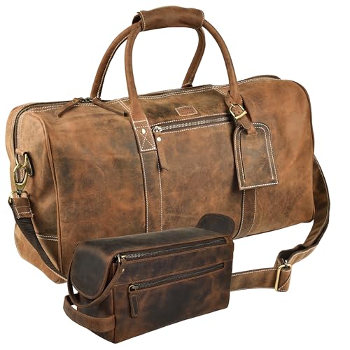 LEATHER VILLAGE Genuine Leather Vintage Brown 20 Inch Leather Duffle Bag & Dopp Kit – Travel Weekender & Toiletry Organizer, Durable & Stylish Men's Overnight Luggage (Pack of 2)