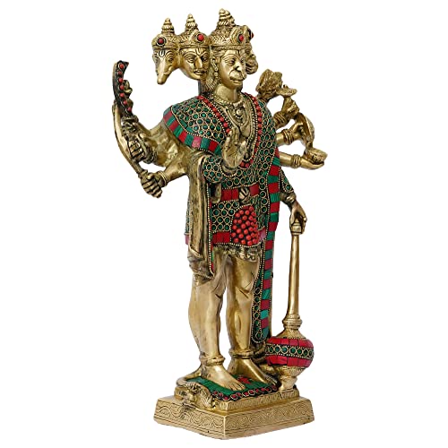 Image of eCraftIndia Golden And Colorful Stone Work Brass Handcrafted Standing Lord Panchmukhi Hanuman Idol, Auspicious Religious God Statue For Home Office, Temple, Gift For Hanuman Jayanti Festival, Devotees