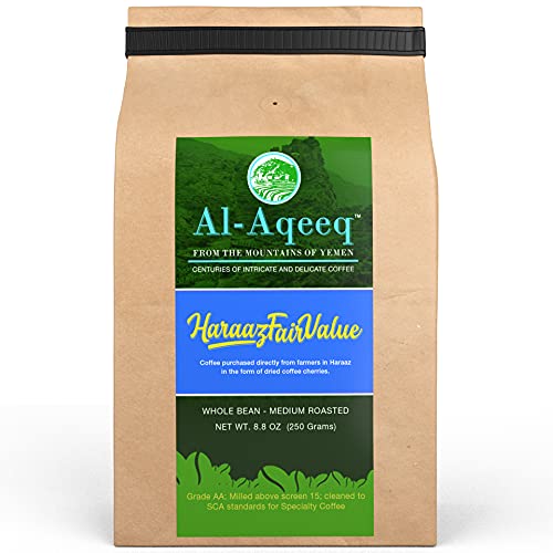 Al-Aqeeq Whole Bean Yemen Coffee, Haraaz Region | Specialty Organic Arabica Coffee | Low Acid, Medium Roast | Freshly Roasted, Fair Value