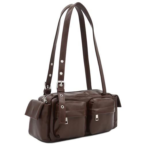 FashionPuzzle Glossy PU Leather Multi Pocket Shoulder Bag Satchel (Coffee)
