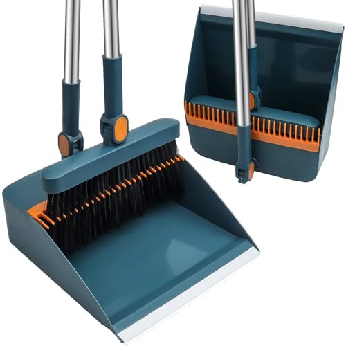HPCORA Long Dustpan and Brush Set Windproof Vertical Extension Pole Handle Rotatable Broom Set Dustpan Set (Blue)