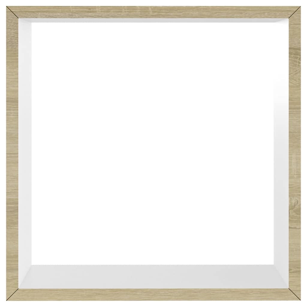 Floating Wall Cube Shelves, zestaw 3 sztuk, białe i dąb Sonoma, niewidoczny system mocowania, nowoczesna dekoracja do sypialni, salonu, biura, 30/27/24 cm
