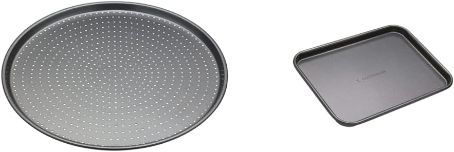 Master Class KCMCCB14 Crusty Bake Perforated Pizza Tray with PFOA Non Stick, Robust 1 mm Carbon Steel, 32 cm, Grey & MasterClass Non-Stick Baking Tray, Carbon, Grey, 24 x 18cm