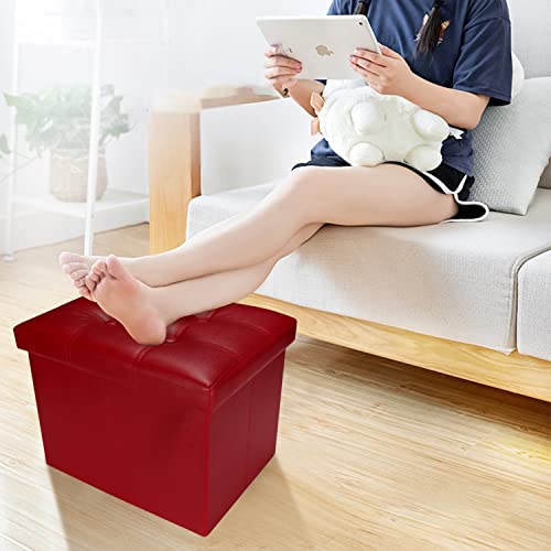 Image of Bsketa Storage Ottoman Bench,17 Inch Folding Leather Foot Rest Stool,Red | Ottoman with Storage, Thicker Foam Padded Seat, Living Room, Dorm, Bedroom, Load 330 lbs, Easy to install,17x13x13in
