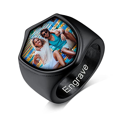 Custom4U Personalized Rings with Pictures Inside Custom Photo Ring Name Engraving Stainless Steel Signet Ring/Heart Ring Size 7-14 Customized Memorial Jewelry for Men Women (Gift Box) K-Shie