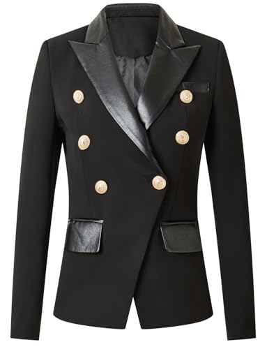 Blazer veste de costume double boutonnage col cuir pour femme - Élégance chic