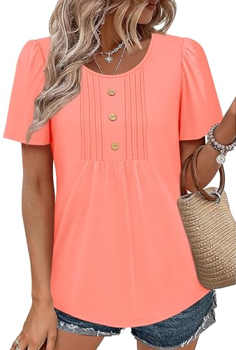 Image of Womens Tops Dressy Casual Blouses Short Sleeve Shirts Plus Size Fashion Clothing Spring Summer Outfits Button Pleated Front