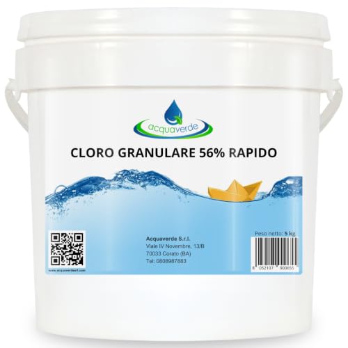 acquaverde | Cloro Granulare 56% Rapido per Piscina - 5 kg, Dicloro Stabilizzato a Rapida Dissoluzione per Trattamento Shock, Mantenimento, Iperclorazione, Pulizia ed Igiene dell'Acqua di Piscine
