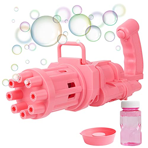 Bubble Gun, Gatling Bubble Machine 2021 Bubble Gun 8-Hole Bubble Toy for Toddler, Automatic Bubble Maker Machine Electric Bubble Gun, Children's Bubble Gun for Summer Outdoor Activities (Pink)
