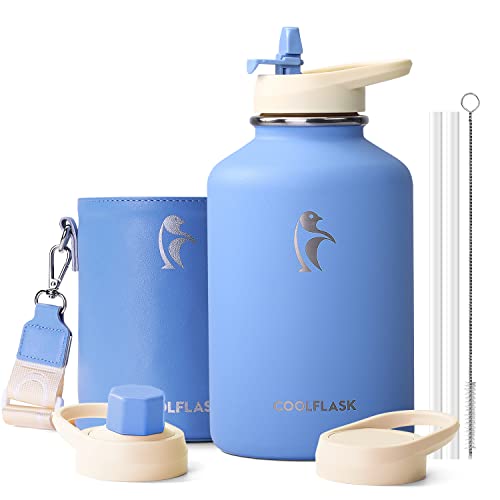 Image of Coolflask 64 oz Water Bottle Insulated with PU Leather Sleeve & 3 Lids