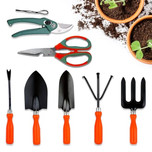 Image of Cinagro Garden Tools Kit (Set of 7) Weeder, 2 Trowels, Hand Fork, Cultivator, Scissors, Pruner | Gardening Tools Kit for Home Garden, Indoor and Outdoor Gardening