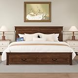 Merax King Size Bed Frame with Tall-Panel Headboard, Wooden Platform Bed with Storage Drawers, LED Lights & Charging Station, 8'' Under Bed Storage, No Box Spring Needed,Walnut