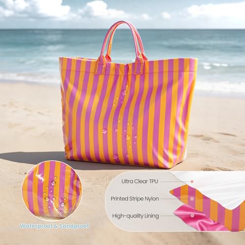 Image of Lushandy Striped PVC Tote Bag for Women, Waterproof Plastic Tote Bag for Beach Pool Large Top Handle Travel Hobo Handbag | Waterproof Material