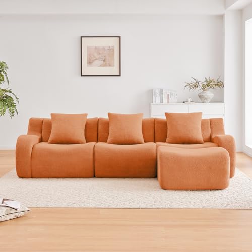 ZeHuoGe 3 Seat Boneless Sofa with Ottoman, Teddy Fabric Comf Couch, Modern Sofa with Pillows & 32D High Density Sponge, for Living Rooms Reading Corner, Apartment, No Assembly (Orange)