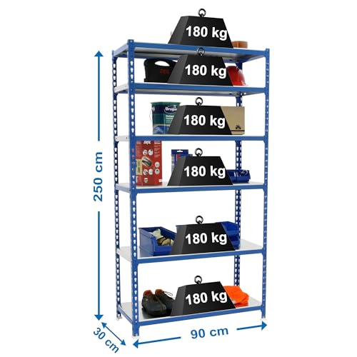 SimonRack Schwerlastregal, Lagerregal, 250x90x30 cm, Metallregal, Kellerregal, Biegestelle 180 kg, 6 Fachböden, Blau/Verzinkt - Simonclick