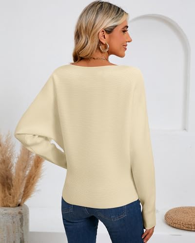 Ficerd 2 Pack Women's Fall Sweaters 2025 Boat Neck Dolman Bat Wing Long Sleeve Knitted Sweaters Casual Pullovers Tops4