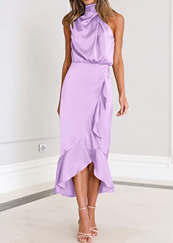 Image of KIRUNDO Women's Summer Satin Mock Neck Wedding Guest Dress | Party Cocktail Midi Dress, 2026 Spring Fashion, Silky, Elegant Classy Halter High Neck, Sleeveless Wrap Ruffle Formal Dress