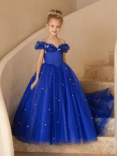 Elegant Off Shoulder Flower Girl Dresses Puffy Tulle Pageant Gown Sparkly Pearls Formal Evening Party Dress2