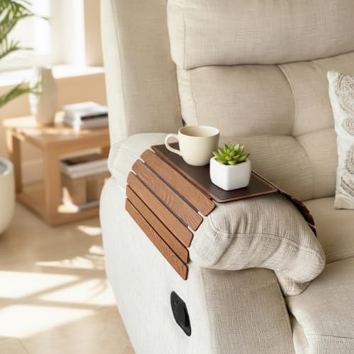 Image of MASON HOME Elm Sofa Armrest Tray - Brown Full Grain Bamboo Wood with Anti Slip Pad | Dining Tray | Home & Office Decor | Furniture | Serving Platter for Drinks - Appetizer - Snack Bowls