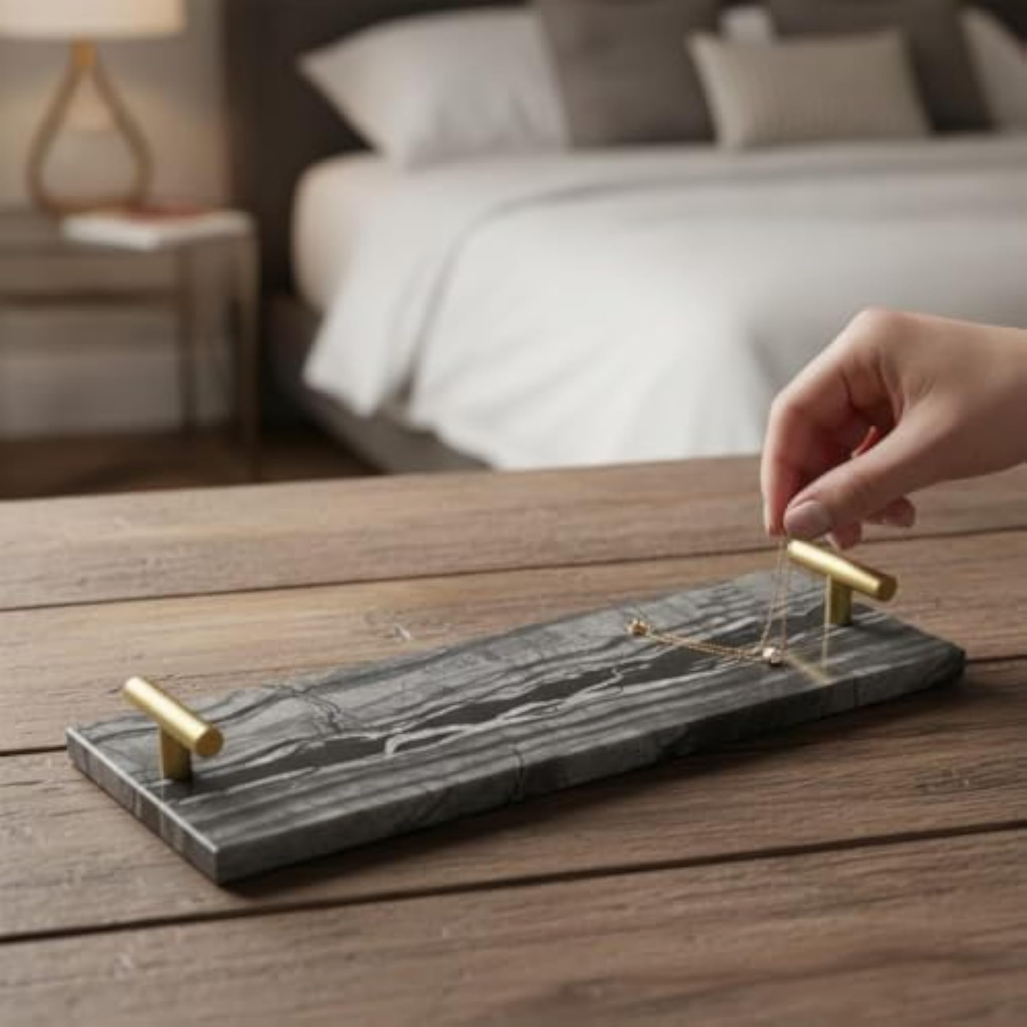 Decorative Marble Tray with Handles, Rectangular Design