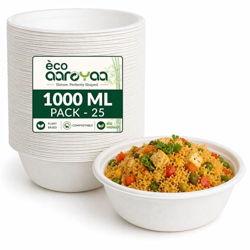 Image of Eco Aaroyaa Disposable Bagasse Bowls - 1000 ML - Pack of 25 Biodegradable Disposable Bowls - Eco-Friendly Dip, Sauce, Chutney & Dessert Cups - Leak-Resistant Small Serving Bowl (Pack of 25)
