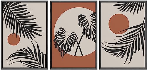 NWT Framed Canvas Print Wall Art Set Mid-Century Modern Tropical Jungle Palm Leaf Nature Wilderness Illustrations Modern Art Decorative Minimalist Floral Botanical for Bedroom - 16"x24"x3 Black