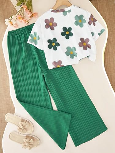 Image of TAGAS Girls Floral Printed Co-Ord Set | Half Sleeve Crop Top & Ribbed Wide Leg Palazzo Pants | Stylish Summer Outfit | Casual Wear top and pant |Set for Kids Girls