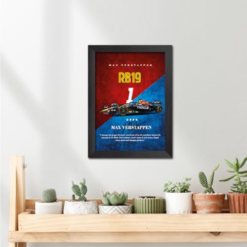 Image of TenorArts Max Verstappen Poster Frame F1 Racing Car RB19 Formula One Photo Framed Painting with Matt Finish Black Textures (12 inches x 9inches)