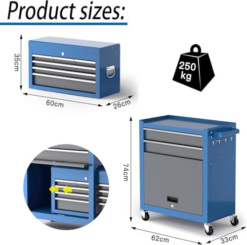 Bild 1 - AIRAJ Werkstattwagen mit 8 Schubladen,2-in-1 Herausnehmbare Werkstattwagen mit Schlüssel/Kugelführung/2 Räder mit Feststellbremse/Seitenplatte und Haken, Geeignet für Garagen, Werkstätten, etc